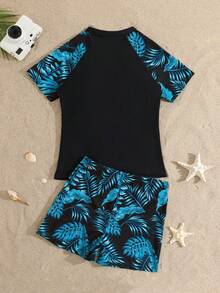 SHEIN 蓝色少女无肩带比基尼套装，适合休闲海滩穿着。热带雨林印花，时尚别致，优雅迷人。完美适用于游泳、夏季假期、海滩、泳池、夏季假日派对和休闲度假。少女泳衣防晒衣，少女短袖短裤泳装，款式保守，两件式泳衣，长度适中。 - 彩色 - 查看 2