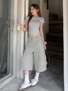 DAZY Solid Color Loose Pocket Capri Pants Casual Street Style Summer Women Long Pants Vacation School - Grey - View 4