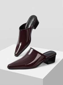 Mnmlis New European And American Patent Leather Pointed Toe Mules Shoes Women, Thick Heel Outside Slippers, Workplace Commuting Versatile Low Vamp Shoes Fall Shoes - Coffee Brown - View 2