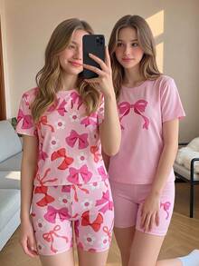 Girls' Pink Bow Print Pattern + Bow Placement Flower Top + Bow Placement Flower Pants Short Sleeve Shorts 4-Piece Set Fitted Pajamas Homewear - Multicolor - View 5