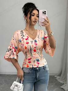 Rafferiza 女款春/秋時尚度假派對碎花小花半袖修身抽褶腰T恤 - 粉色 - 查看 1