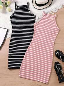 SHEIN Sparklyn Teen Girls Striped Fitted Basic 2 Pieces Mini Dress Set, Outfits - Multicolor - View 3