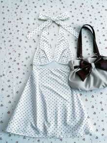 INAWLY Plus Size Women's Black And White Print Deep V Neck Halter Tie Dress Vacation Dinner Summer 1950s Vintage 1920s - White - View 2