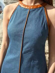 MOTF PREMIUM SPRING/SUMMER WOMEN'S HALTER NECK CONTRAST PIPING DENIM DRESS - Blue - View 1