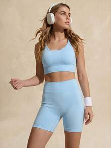 Exploreva Solid Color Cropped Tank Top And Shorts Outdoor Set Ski Sky Blue Summer Modest - Black - View 5