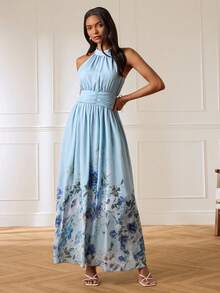 Lilora Women's Elegant Romantic Floral Print Dress High-End Fashion Versatile Suitable For Commuting Daily Casual Birthday Mother Of The Bride Wedding Garden - Blue - View 5