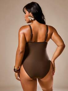 Auralis Costume da bagno intero casual alla moda con design a rivetti per donna taglie forti - Castano - Visualizzare 2