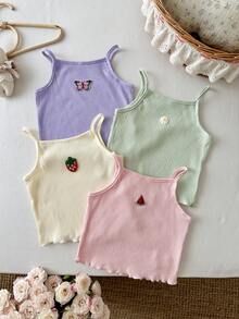 SHEIN 4pcs Young Girl Dopamine Cute Fruit Pattern Ribbed Fabric Tank Top Multi-Pack - Multicolor - View 3