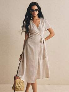 Poéselle Women's Striped Side Waist Tie Short Sleeve Casual Dress - Apricot - View 5