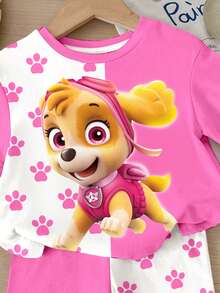 SHEIN | PAW Patrol 女嬰休閒簡約圓領寬鬆短袖T恤 & 緊身單車短褲套裝，適合春夏，經典可愛卡通動畫印花，Skye可愛小狗爪印 - 彩色 - 查看 3