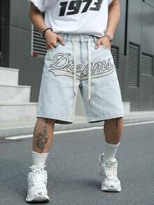 Manfinity EMRG Men's Street Style Casual Embroidered Blue Denim Shorts - Light Wash - View 5