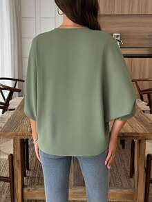 Louniche Women's 2026 Summer Casual V Neck Ruffle Trim Blouse, Batwing Sleeve Loose Fit Flowy Shirt For Daily Commute Vacation - Army Green - View 2