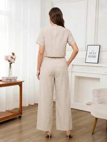 Editum Women's Striped V-Neck Short Sleeve Top And Wide Leg Pants Casual Daily 2 Pieces Set - Khaki - View 7