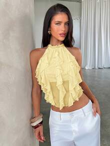 Aloruh Spring/Summer New Sexy Backless Lace-Up Design Hot Girl Sexy Slit Purple Elegant Multi-Layer Ruffle Decor Halter Neck Backless Top, Tank Top - Light Yellow - View 6