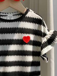SHEIN Baby Girl Spring Summer Cute Knitted Striped Heart Pattern Short Sleeve Dress - Black and White - View 4