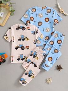 Boy's And Young Boy Cute Cartoon Print Short Sleeve Long Pants Knit Snug Fit Pajama Loungewear Set - Multicolor - View 2