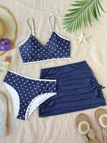 SHEIN Teen Girl Beach Vacation Turquoise Print Swimsuit Set With Cover Up Skirt 3-Piece Set Summer - Royal Blue - View 8