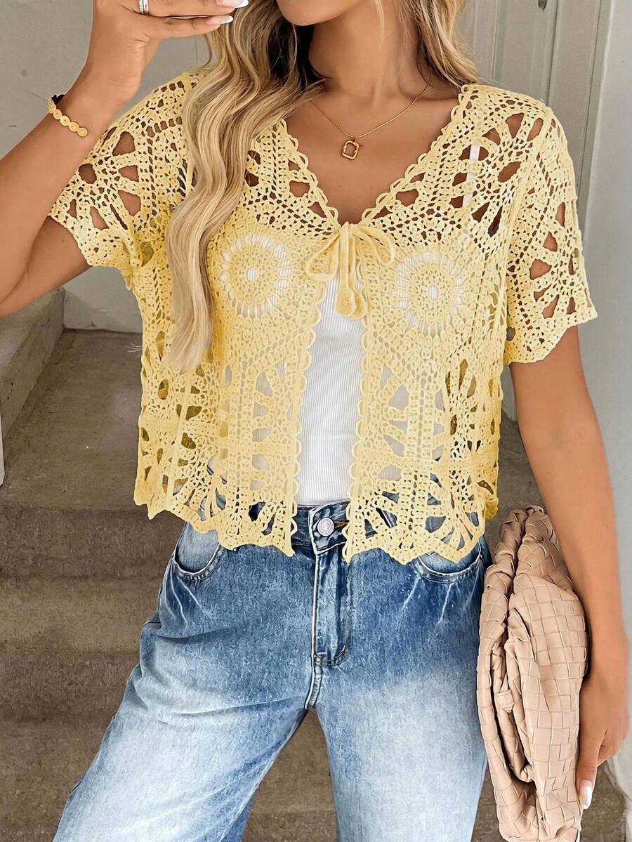 Easowa Cardigan femme jaune à manches courtes, ajouré, avec nœud papillon et lacets - Jaune d'oie - Voir 1