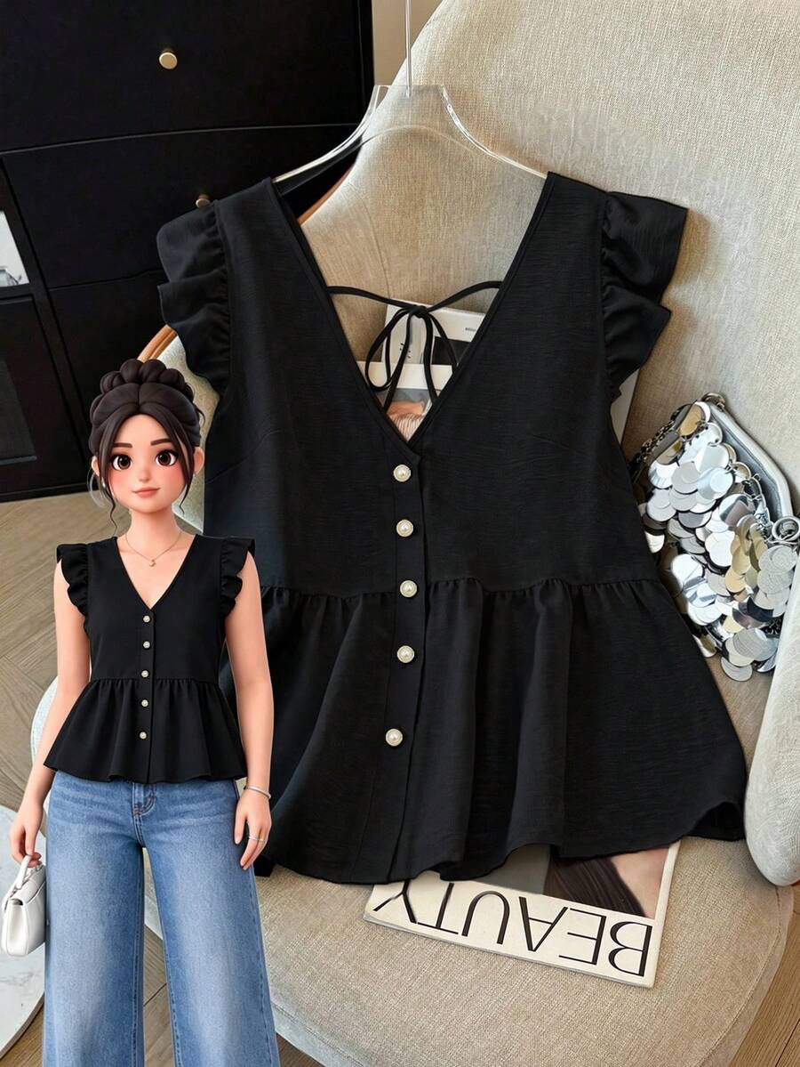 GlowEve CURVE Women's Plus Size Hooded Print Chiffon Blouse, Casual Open Front Vacation Style, Versatile Choice For Spring, Autumn And Summer - Black - View 1
