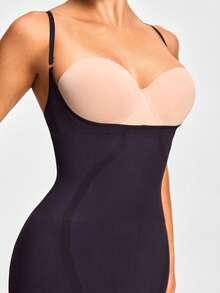 SHAPORA 1pc Women Solid Color Waist Cincher Slip Dress - Black - View 4