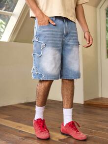 Whitmere American Distressed Five-Pointed Heart Pattern Denim Shorts For Men, Fashionable Frayed Hem Casual Versatile Knee-Length Denim Shorts, Streetwear Jeans, Versatile Street Style, Breathable Casual Shorts For Summer Commute - Blue - View 1