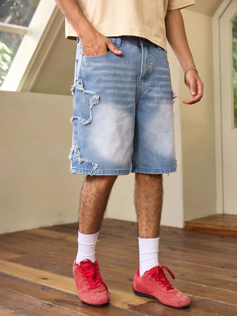 Whitmere American Distressed Five-Pointed Heart Pattern Denim Shorts For Men, Fashionable Frayed Hem Casual Versatile Knee-Length Denim Shorts, Streetwear Jeans, Versatile Street Style, Breathable Casual Shorts For Summer Commute - Blue - View 1