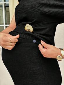 MaterniWear 孕婦純色不對稱領口上衣與長褲時尚兩件套 - 黑色 - 查看 6