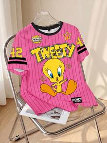 LOONEY TUNES X SHEIN Damen Gestreiftes und Cartoon Muster T-Shirt mit Rundhalsausschnitt und Kurzarm - Weiss - View 1