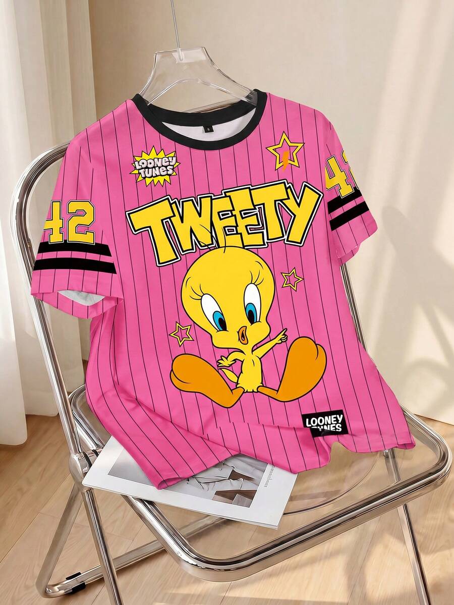 LOONEY TUNES X SHEIN Damen Gestreiftes und Cartoon Muster T-Shirt mit Rundhalsausschnitt und Kurzarm - Weiss - View 1