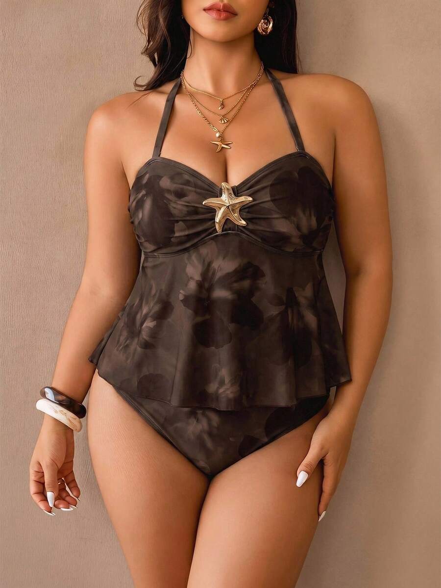 Auralis Setelan Baju Renang Dua Potong Wanita Ukuran Plus dengan Hiasan Logam, Model Halter Tankini dan Bawahan Tankini Segitiga, Cocok untuk Liburan Musim Panas dan Pakaian Renang Pantai - Putih - View 1