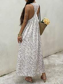 Livesso Vacation Holiday Outfit Summer V-Neck Sleeveless Backless Tie-Dye Texture Loose White Women's Dress Beach Boho - White - View 2