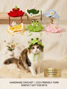 PETSIN 1 Handmade Knitted Pet Hat In The Shape Of A Small Dog/Cat/Frog, Made Of Polyester Material, Fun Party Headpiece, Suitable For Small Cats To Wear - Multicolor - View 2