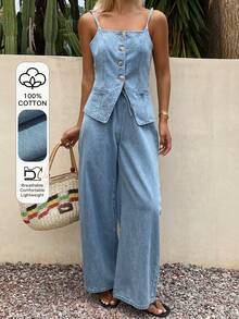 Livesso Women's Casual Denim Set With Bandeau Top, Split Hem, Cinched Waist And Long Pants Vacation Summer Light Blue - Blue - View 1