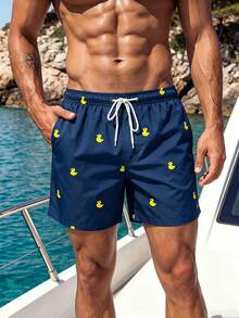 Manfinity Swimmode شورت رجالي للصيف مطبوع عليه بطة كرتونية، خصر بسحاب، ملابس سباحة للرجال، ملابس شاطئ للرجال، سراويل سباحة للرجال، بدلة سباحة للرجال، شورت شاطئ للرجال، عطلة - أزرق بحري - مشاهدة 7