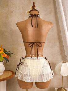 Bellisia Conjunto de 2 piezas de traje de baño para sol y playa de primavera/verano, traje de baño con falda de unicolor texturizado con contraste, espalda descubierta y cuello halter para mujeres - Beis - Ver 2