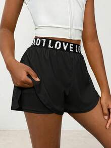 SHEIN 青少年女孩純色彈性腰運動短褲 腰帶字母Love短褲 - 黑色 - 查看 7