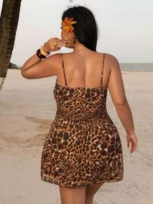 Dazy Plus Vestido corto de tirantes mini casual sexy estilo blogger con estampado de leopardo y encaje de contraste, vestido de verano tipo sundress para mujer talla grande, primavera-verano - Marrón - Ver 9
