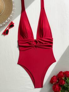 Bonvoyette Summer Beach Women's Vacation Solid Color Maillard One-Piece Swimsuit, Tummy Control Slimming High Cut Sexy One-Piece - Burgundy - View 4
