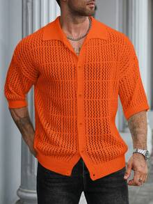 Manfinity Homme Men's Plus Size Solid Color Short Sleeve Single Breasted Casual Knit Cardigan Vacation Orange Red Summer Vacation Vacation - Orange - View 4