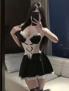 Dansine 性感女僕 Cosplay 有鋼圈 聚攏蕾絲誘惑女僕制服套裝 - 黑色 - 查看 7