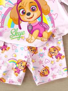 SHEIN | PAW Patrol Baby Girl Casual Round Neck Loose Short Sleeve T-Shirt Base Layer Cycling Shorts Set, Spring Summer, Cute Cartoon Animation Pattern Print Pink - Multicolor - View 4