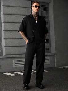 SLATEMANN Camisa casual versátil de uso diario y viaje para hombre con solapa de muesca en color liso - Negro - Ver 6