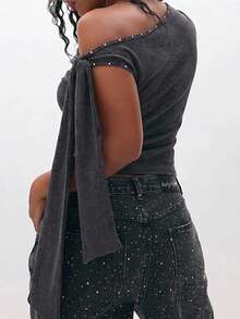 Betty Boop | ROMWE Y2K Baby Betty Graphic Rhinestone Washed Plus Size Asymmetrical Shoulder Top - Dark Grey - View 3