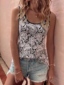 Women's Spring/Summer New Hot-Selling Faux Lace Print Pattern U-Neck Casual Versatile Tank Top - Multicolor - View 4