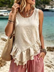 SHEIN Fiorisel Women's Solid Color Pleated Casual Boho Versatile Daily Wear Top Vacation Holiday Beige Summer - Apricot - View 4