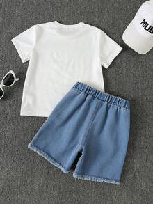 SHEIN 2er Set Kinder Lässig Vielseitig Bequem Amerikanisches Vintage Auto Muster Rundhals Lockerer Pullover Kurzarm Strick T-Shirt & Denim Shorts Set, Geeignet für Sommer - Verschiedenfarbig - Übersicht 4