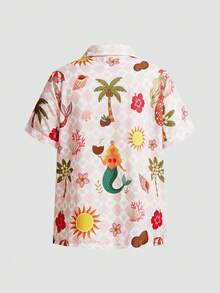 Chillnights Vacation Mermaid Coconut Tree Sun Heart Plaid Print Casual Lapel Plus Size Short Sleeve Pajama Long Pants Set - Multicolor - View 4