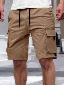Manfinity Homme Men's Plus Size Casual Cargo Shorts,Black And White Checkered,Summer,Casual,Beach,Suitable For Daily Commute,Travel,Outdoor Activities & Outings - Khaki - View 4