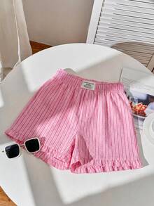SHEIN EZwear 3件套女士夏季多巴胺色条纹宽松休闲荷叶边刺绣短裤套装，适合日常通勤、约会、派对、秋冬夏季、圣诞节、新年、感恩节、聚会、婚礼、海滩、毕业典礼、时尚、优雅、休闲、外出、约会、预订、通勤、闪亮、情人节、优雅、度假、休闲、Y2K、外出、毕业典礼等场合。 - 彩色 - 查看 3