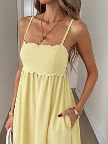 Easowa Vestido maxi de tirantes para mujer con bajo curvo, plisado, elegante, estilo boho casual para vacaciones de verano en la playa, color amarillo pálido - amarillo ganso - Ver 4